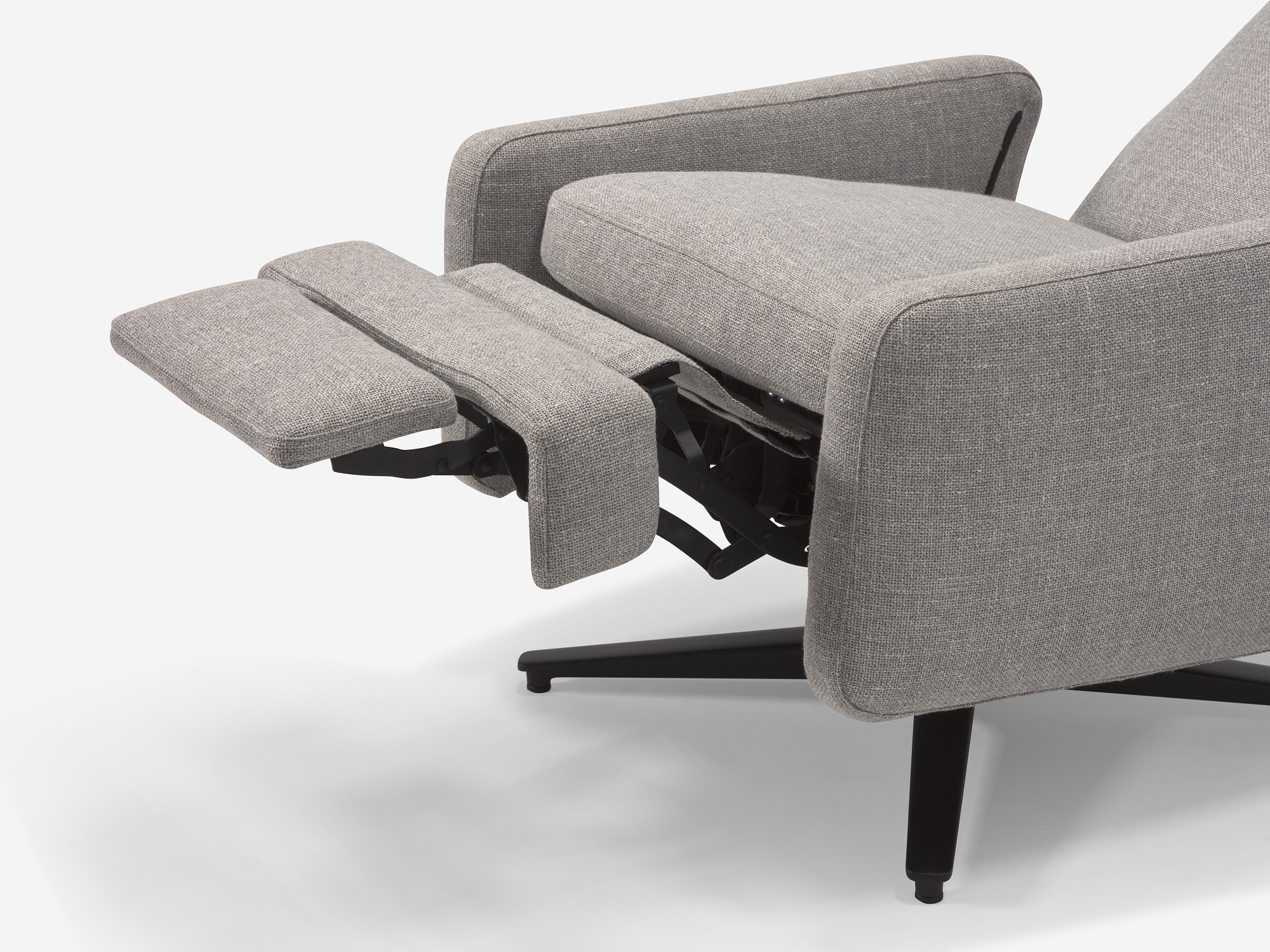 Seat detail view of grey fabric reclining chair with seat reclined