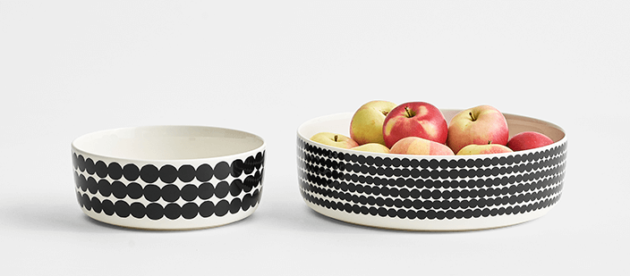 Two black and white bowls are displayed side by side