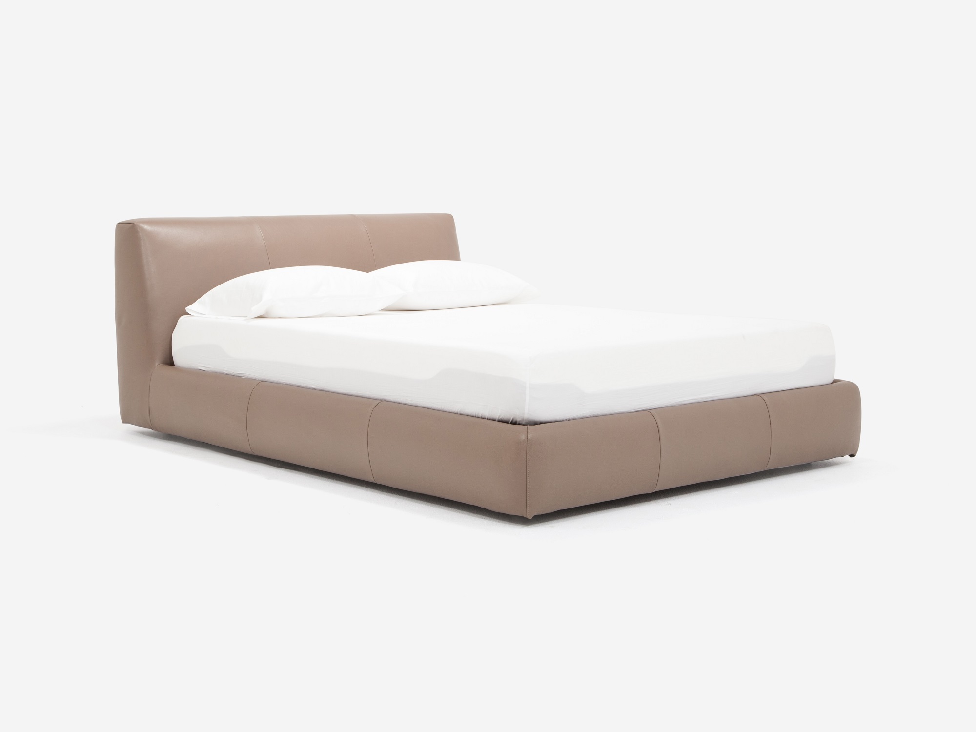 Angled view of our Cello modern upholstered bed frame in beige leather
