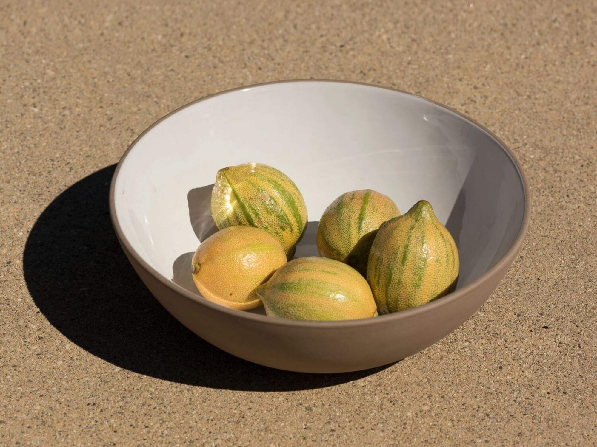 Gray and white serving bowl with lemons in it on sand