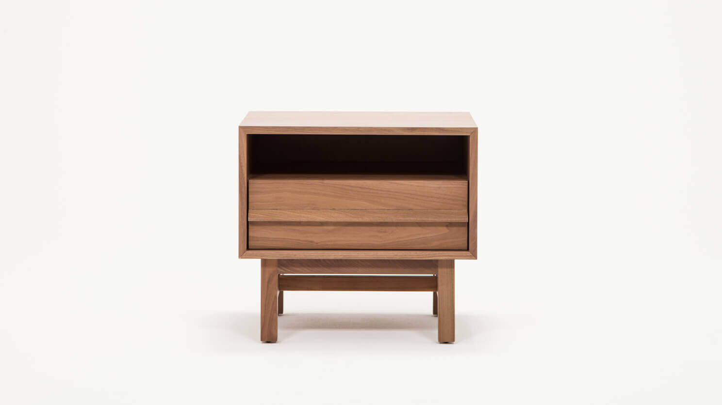 Front view of the Marcel open shelf modern nightstand in walnut