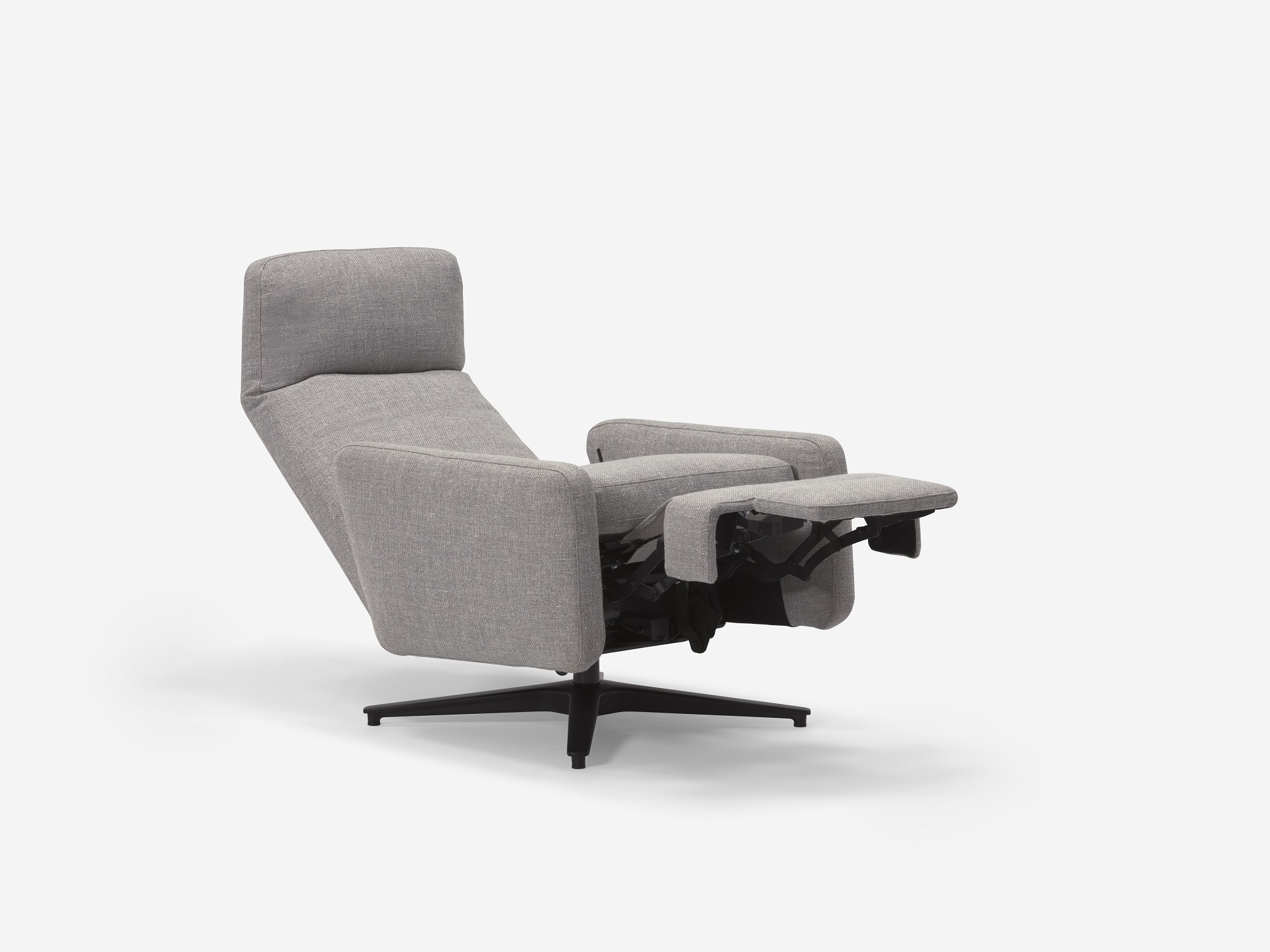 Grey fabric reclining chair with seat reclined front angle view