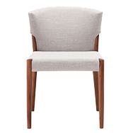 Front view of beige upholstered dining chair with walnut legs