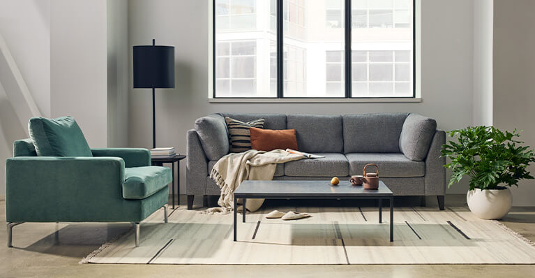 A grey sofa is shown in a living room. Link to online exclusive salema sofa sale page