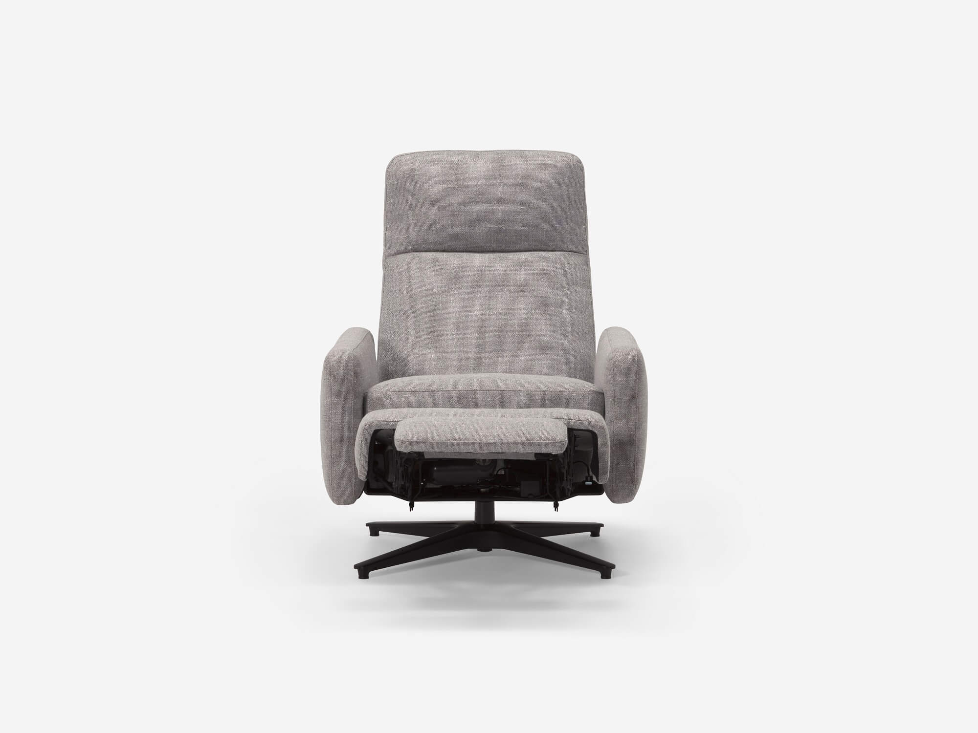 Grey fabric reclining chair with foot rest reclined front view