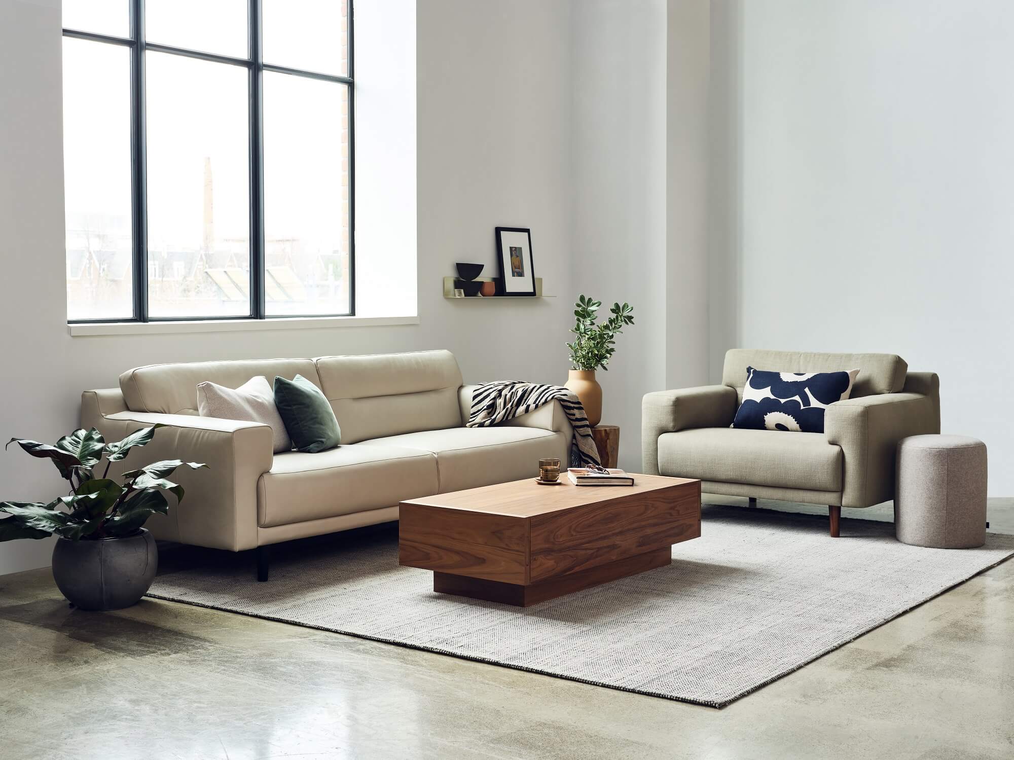 Walnut coffee table with mid century accent chair